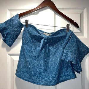Express blue and white polka dot off the shoulder top